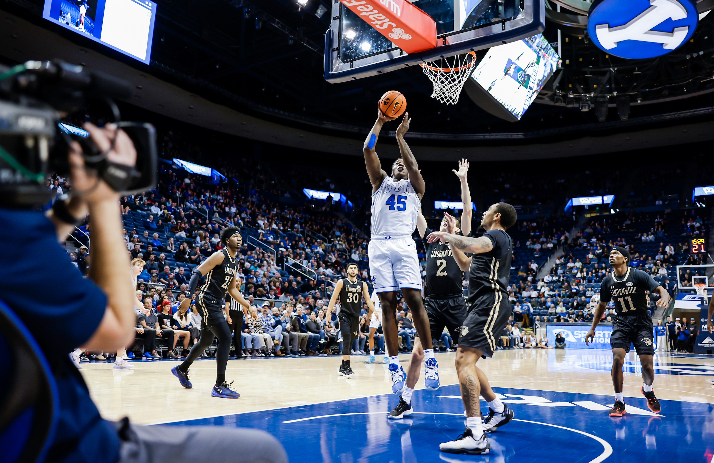 BYU forward Fousseyni Traore puts up a shot during a 90-61 win over Lindenwood, Tuesday, Dec. 20, 2022 at the Marriott Center in Provo, Utah.