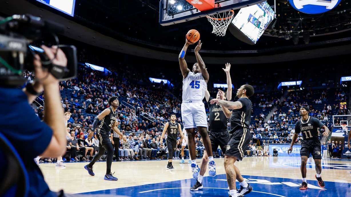 BYU forward Fousseyni Traore puts up a shot during a 90-61 win over Lindenwood, Tuesday, Dec. 20, 2022 at the Marriott Center in Provo, Utah.