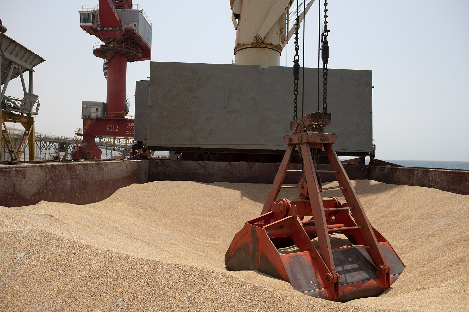 Wheat grain is seen on the MV Brave Commander vessel from Yuzhny Port in Ukraine to the drought-stricken Horn of Africa as it docks at the port of Djibouti in Djibouti, Aug. 30.