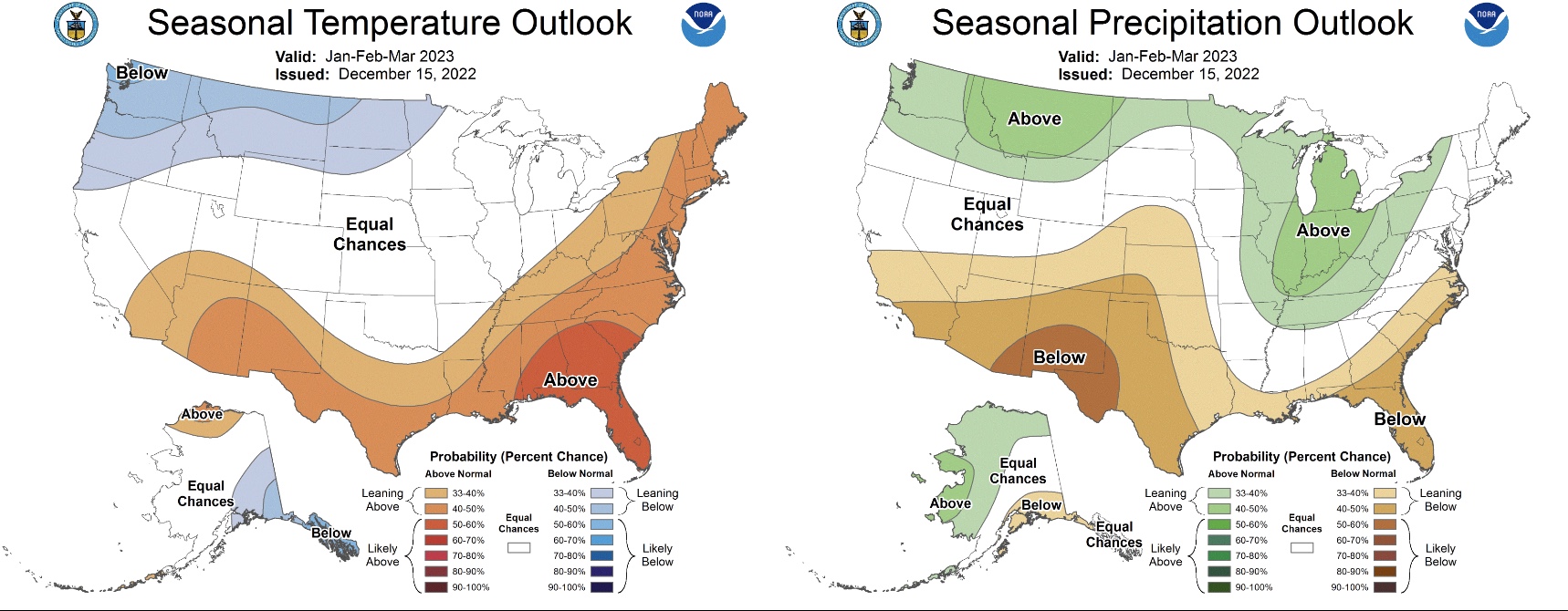 These maps show temperature and precipitation probability for the U.S. between January and March 2023.