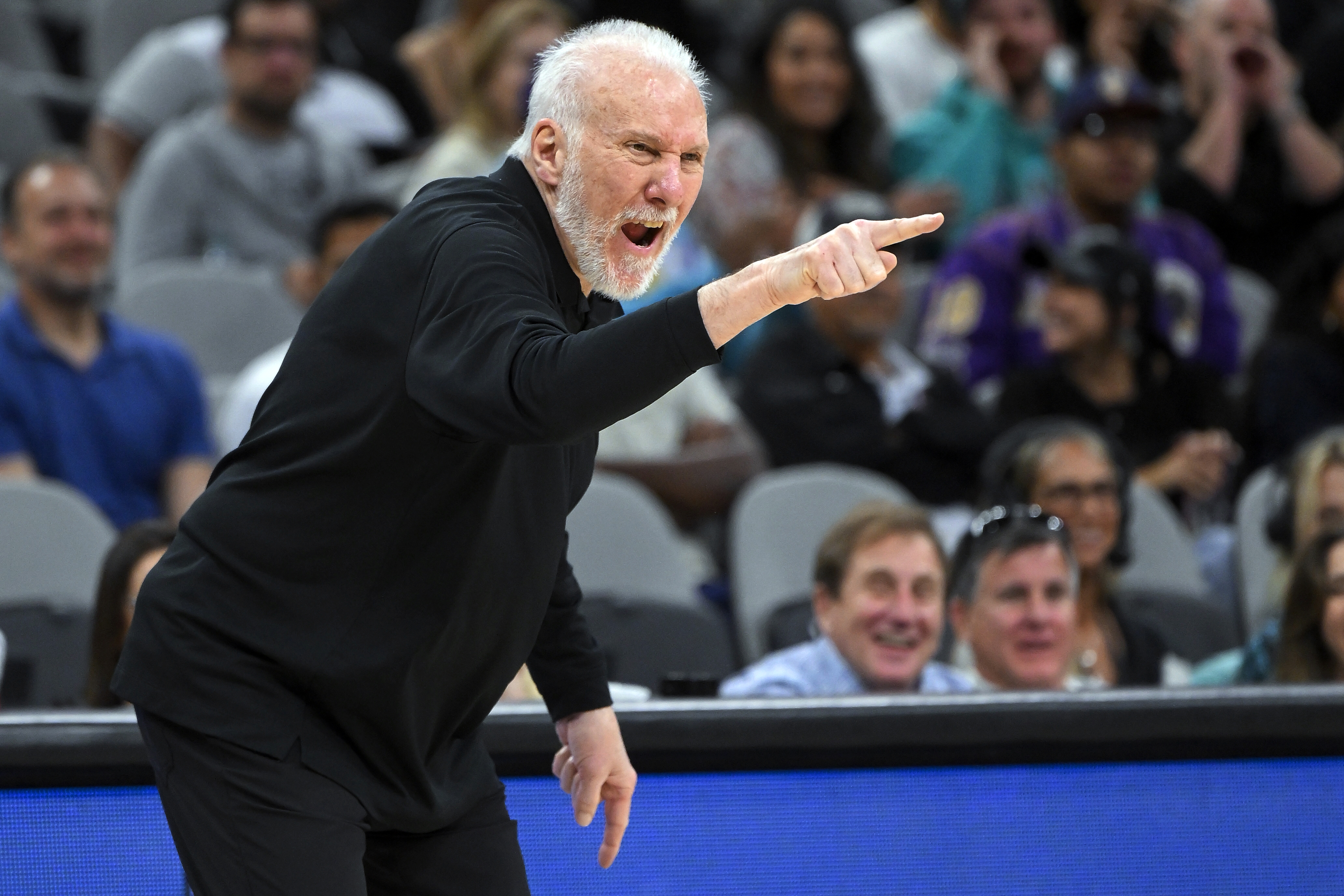San Antonio Spurs head coach Gregg Popovich yells to his players during the second half of an NBA basketball game against the Cleveland Cavaliers, Monday, Dec. 12, 2022, in San Antonio. San Antonio won 112-111. 