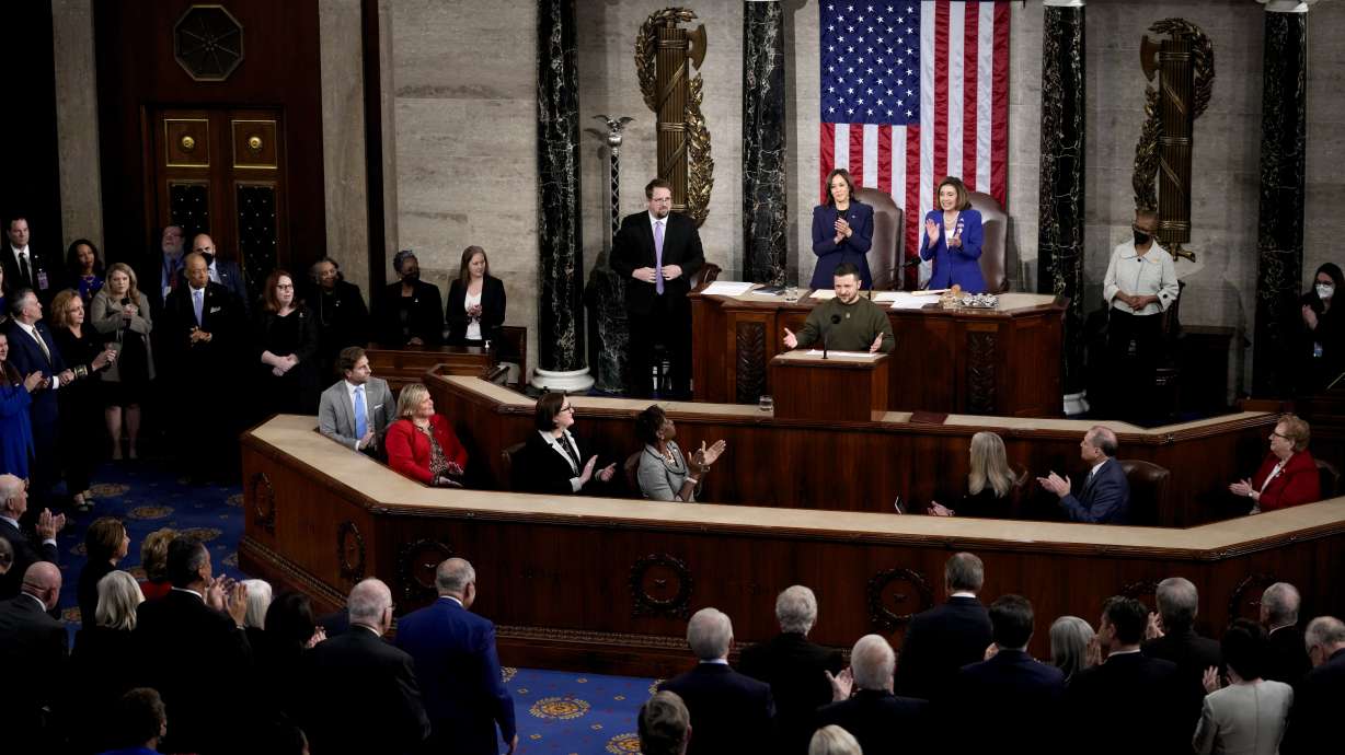 Ukrainian President Volodymyr Zelenskyy addresses a joint meeting of Congress on Capitol Hill in Washington, Wednesday. Zelenskyy thanked "every American" for their support of Ukraine as he delivered an address to Congress on Wednesday aimed at sustaining U.S. and allied support for his country's defense against Russia's brutal invasion.