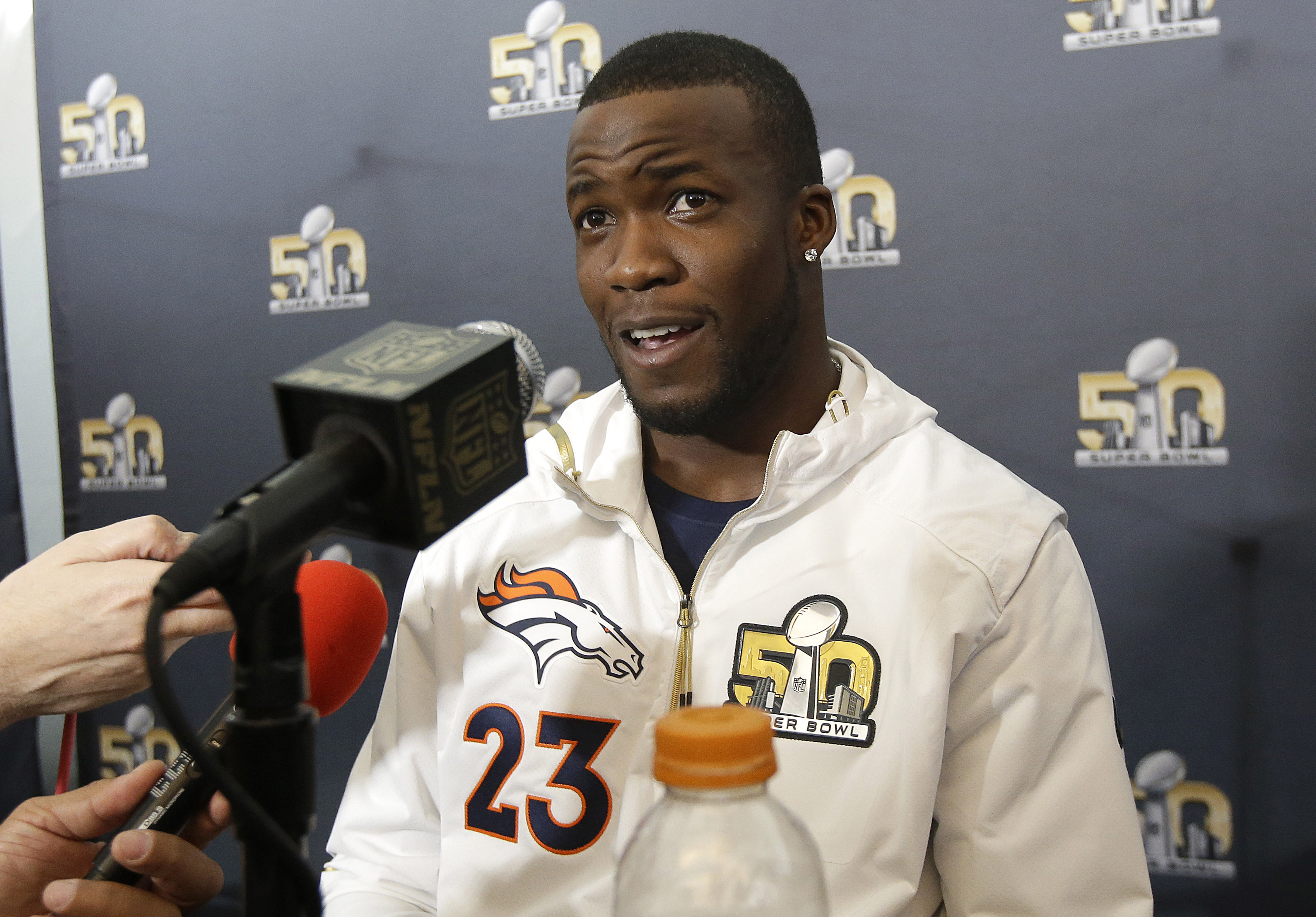 FILE - Denver Broncos running back Ronnie Hillman speaks to reporters in Santa Clara, Calif., Tuesday, Feb. 2, 2016, ahead of Super Bowl 50. Hillman, who was part of the Denver Broncos team that won Super Bowl 50, has died, his family said in a statement. He was 31. Hillman's family posted on his Instagram account Wednesday, Dec. 21, 2022, that he was diagnosed in August with a rare form of kidney cancer called renal medullary carcinoma and was under hospice care. The family wrote hours later that he died surrounded by family and close friends. 