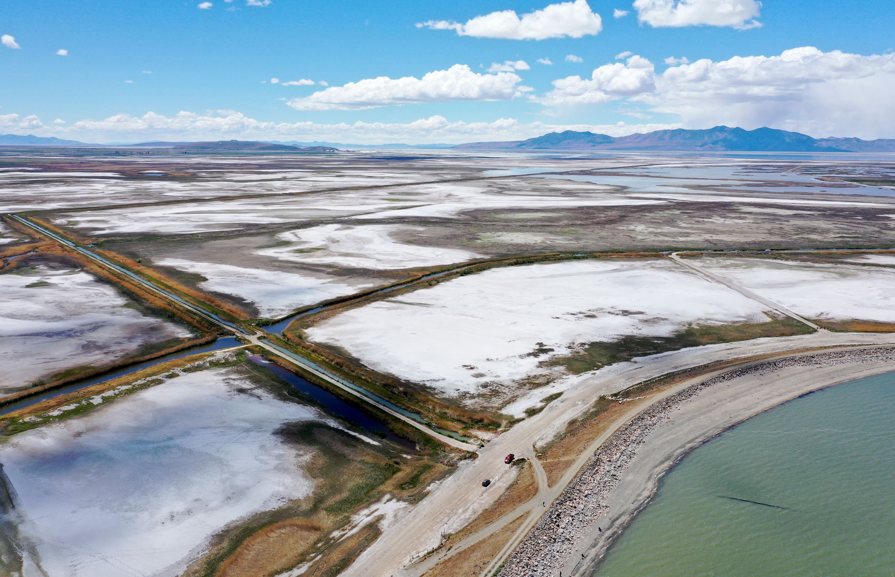One of two Arthur V. Watkins Dam siphon pipes that will be replaced with a direct outlet pipe is visible in Willard Bay’s low water levels in Box Elder County on May 20. Funding for replacement of the siphon pipes was recently included in the Bipartisan Infrastructure Law.