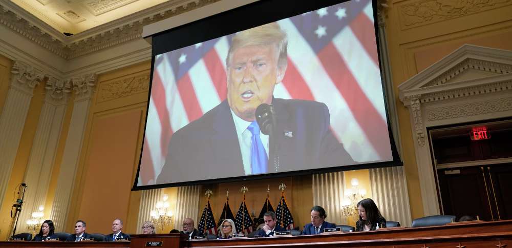 A video of former President Donald Trump is shown on a screen, as the House select committee investigating the Jan. 6 attack on the U.S. Capitol holds its final meeting on Capitol Hill in Washington, Monday.