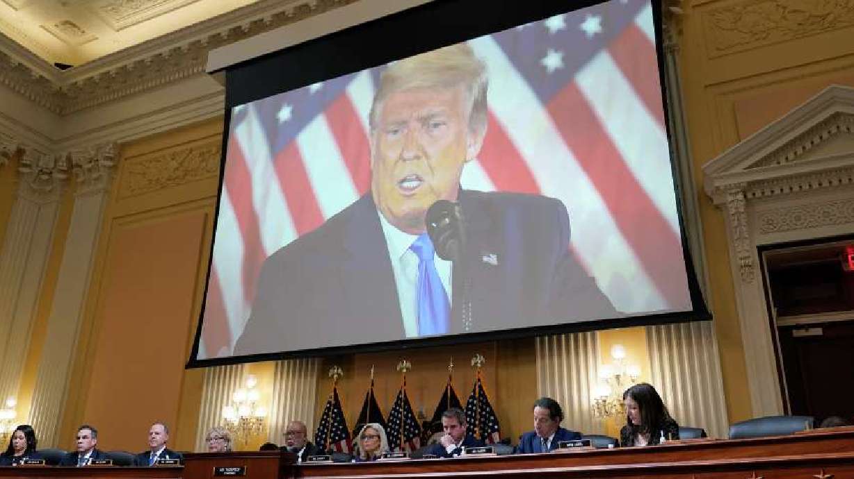 A video of former President Donald Trump is shown on a screen, as the House select committee investigating the Jan. 6 attack on the U.S. Capitol holds its final meeting on Capitol Hill in Washington, Monday.