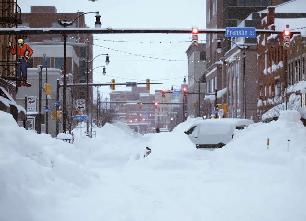 Snow from this weekend's blizzard covers downtown Buffalo on Monday. The blizzard roared through western New York Friday and Saturday, stranding motorists, knocking out power and preventing emergency crews from reaching residents in frigid homes and stuck cars.