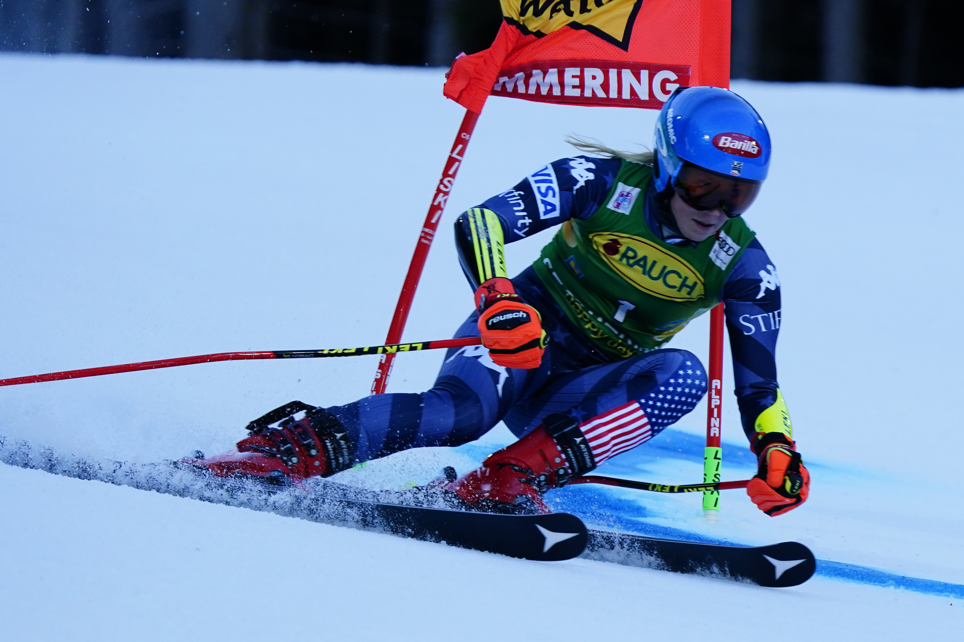 United States' Mikaela Shiffrin speeds down the course during an alpine ski, women's World Cup giant slalom, in Semmering, Austria, Tuesday, Dec. 27, 2022. 