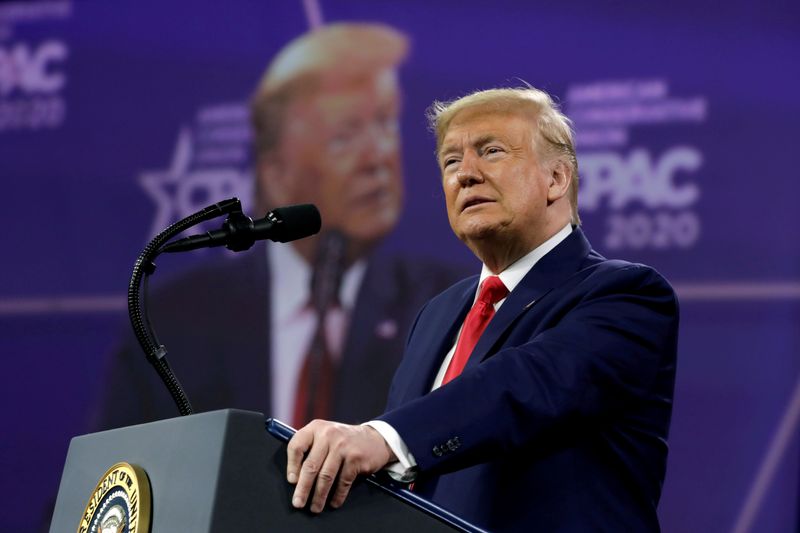 Former President Donald Trump addresses the Conservative Political Action Conference annual meeting at National Harbor in Oxon Hill, Maryland, on Feb. 29, 2020.