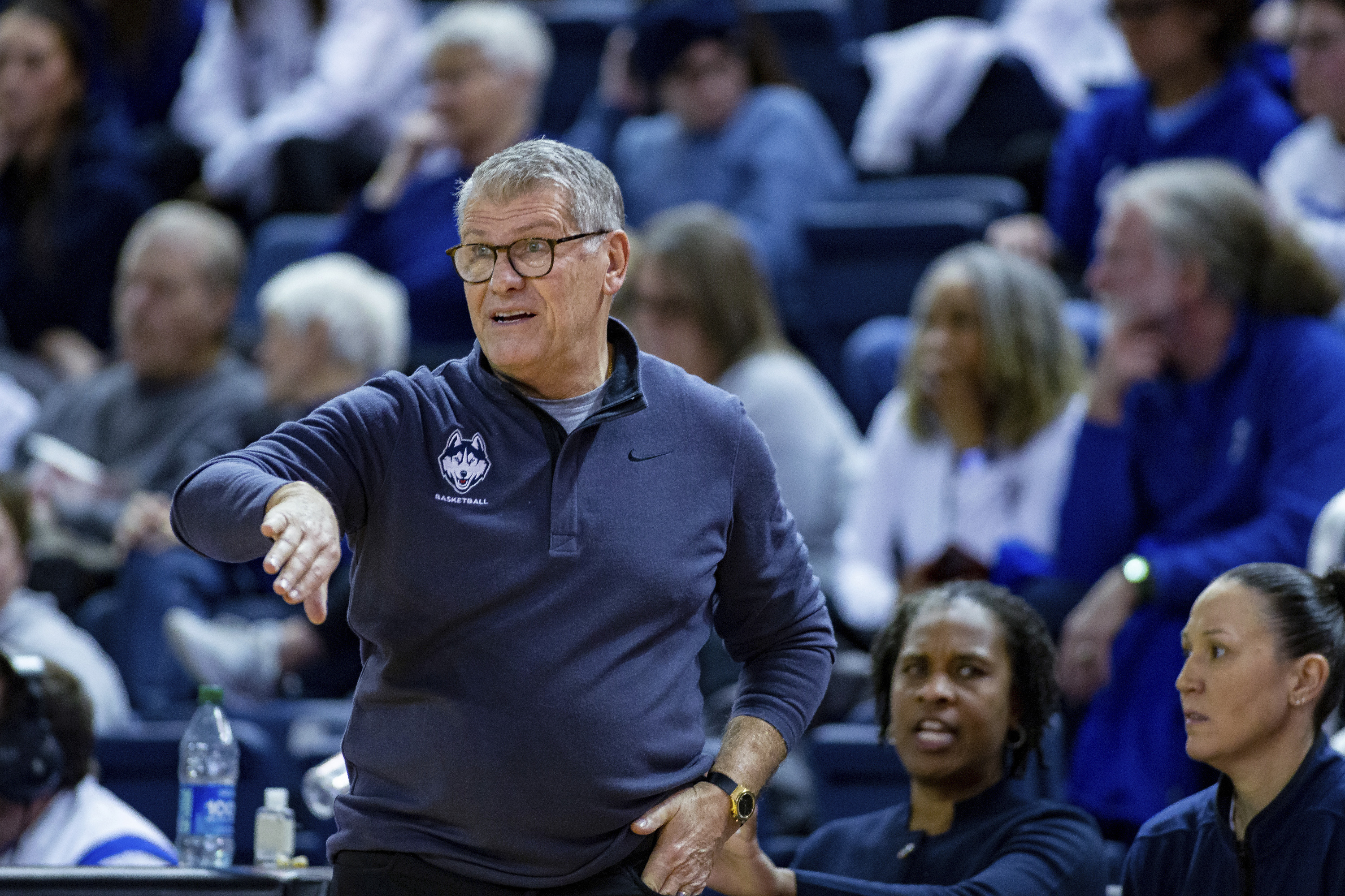 UConn coach Geno Auriemma gestures during the team's NCAA college basketball game against Creighton on Wednesday, Dec. 28, 2022, in Omaha, Neb. 