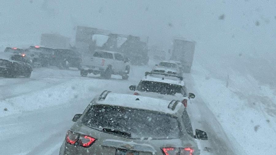 Vehicles struggle in snowy conditions on I-15 in central Utah Wednesday.