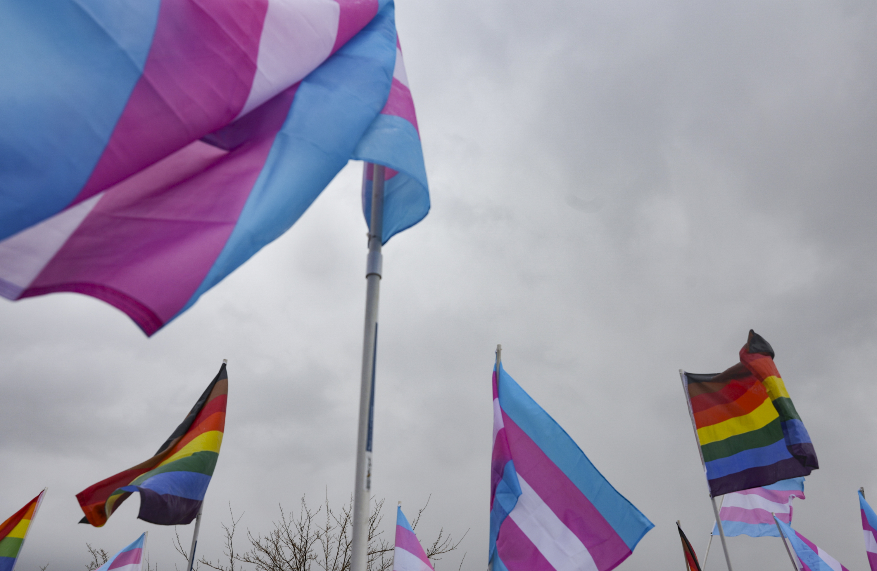 East High School students hold transgender and Pride flags during a protest against the passage of HB11 at the school in Salt Lake City on April 15. A newly proposed bill would prohibit gender-confirmation surgeries from being performed on minors.