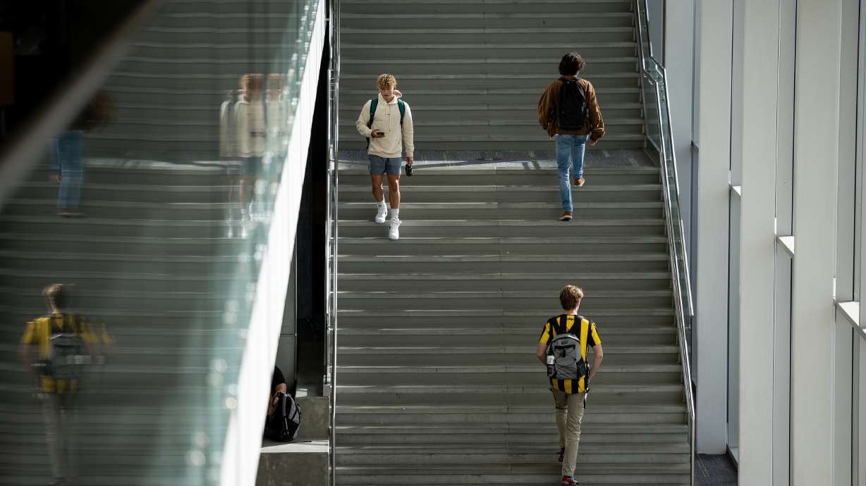 Students walk through the Utah Valley University campus in Orem on Sept. 15. Despite overall growth, school-age and college-age populations in the Beehive State are projected to decrease as shares of the total population.