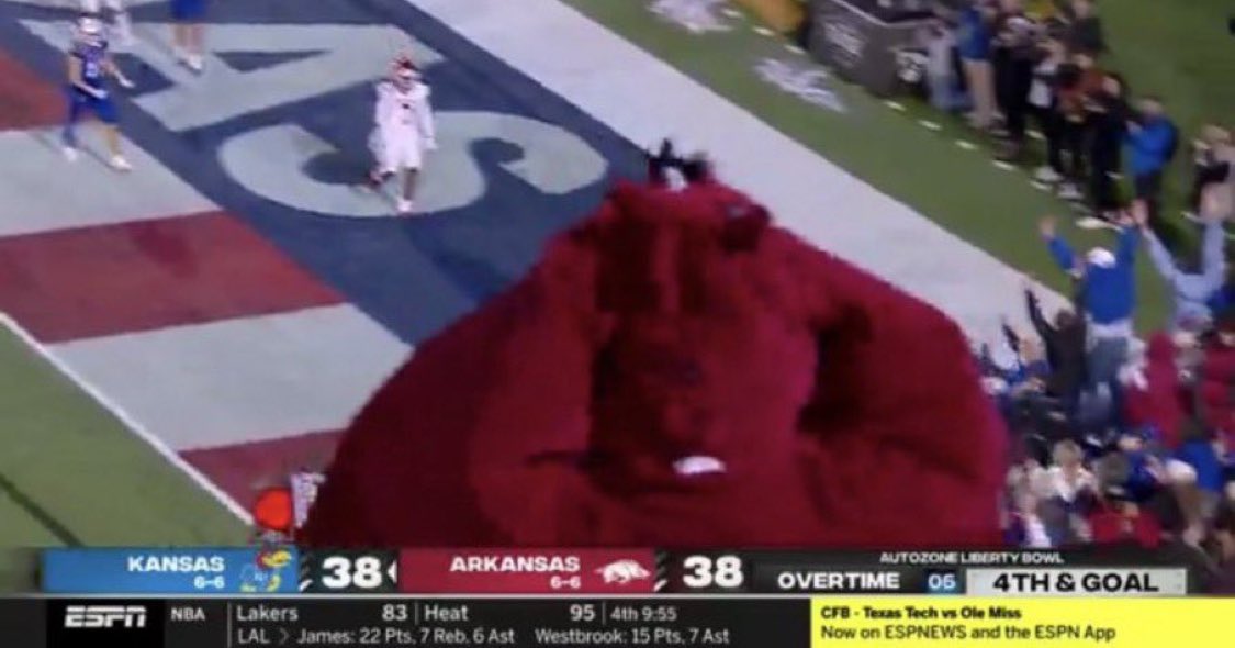 Screenshot of pig-wearing fan blocking touchdown.