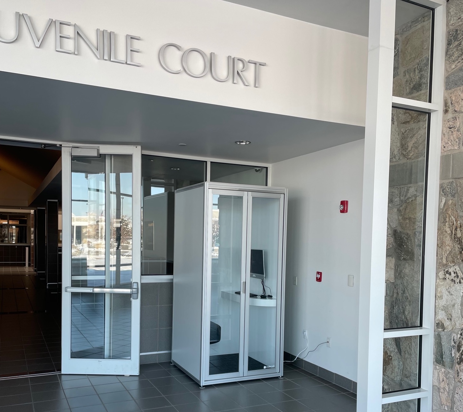 A kiosk for patrons to use to attend virtual hearings is pictured at the Matheson Courthouse in Salt Lake City. It is one of 50 being installed throughout the state to facilitate continuing virtual hearings. 