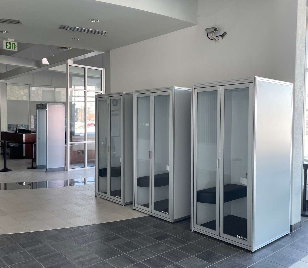 Kiosks for patrons to use to attend virtual hearings is pictured at the Farmington courthouse. These are a few of the 50 kiosks being installed throughout the state to facilitate continuing virtual hearings.