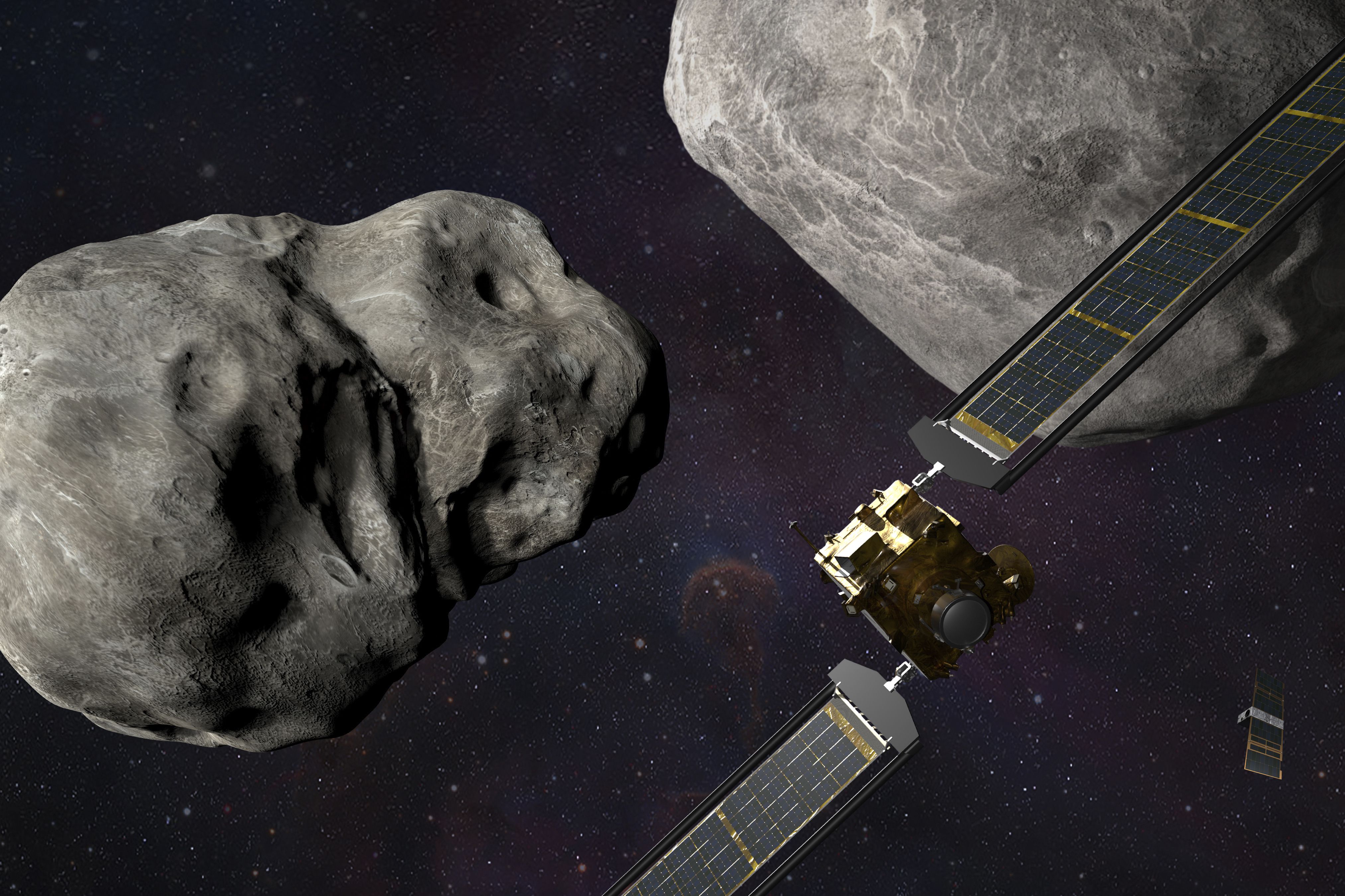 This illustration made available by Johns Hopkins APL and NASA depicts NASA’s DART probe, foreground right, and Italian Space Agency’s (ASI) LICIACube, bottom right, at the Didymos system before impact with the asteroid Dimorphos, left. DART is expected to zero in on the asteroid on Sept. 26 intent on slamming it head-on at 14,000 mph. The impact should be just enough to nudge the asteroid into a slightly tighter orbit around its companion space rock.