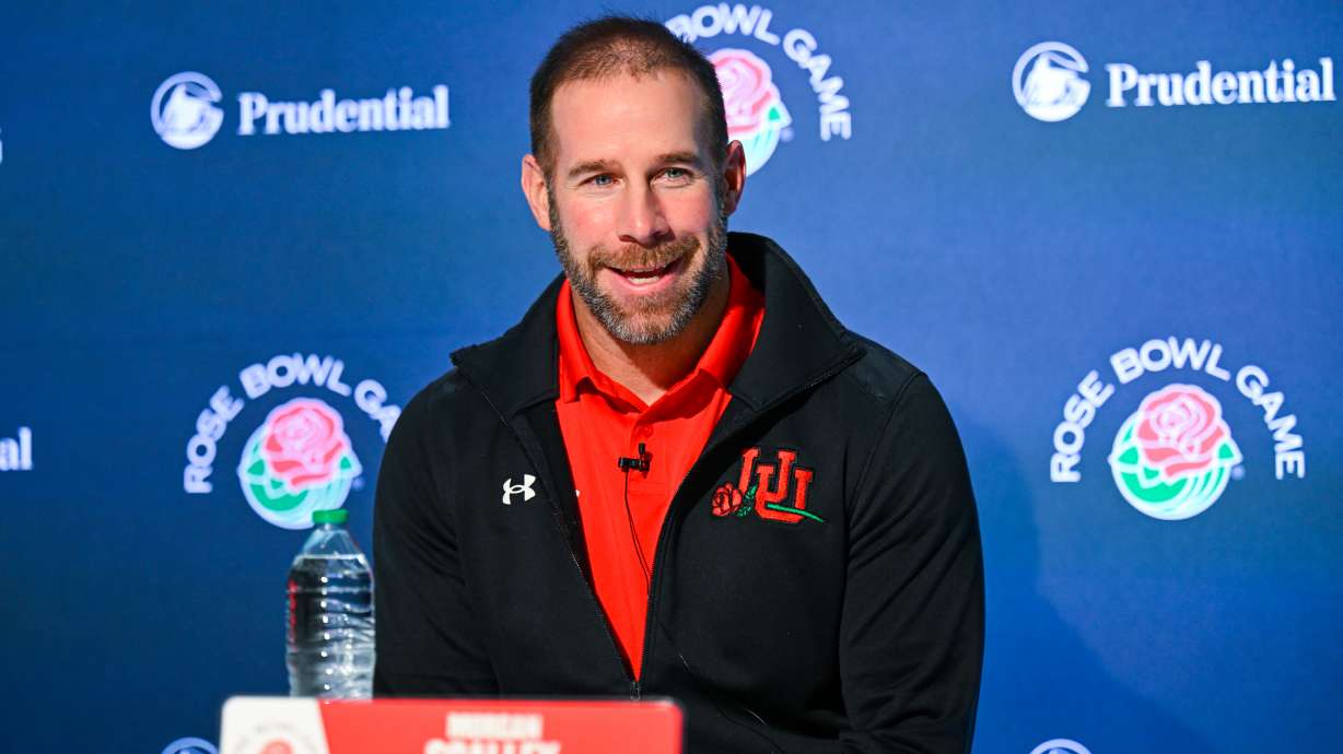 Utah defensive coordinator Morgan Scalley talks to media as part of the Rose Bowl events in Los Angeles on Dec. 29, 2022.