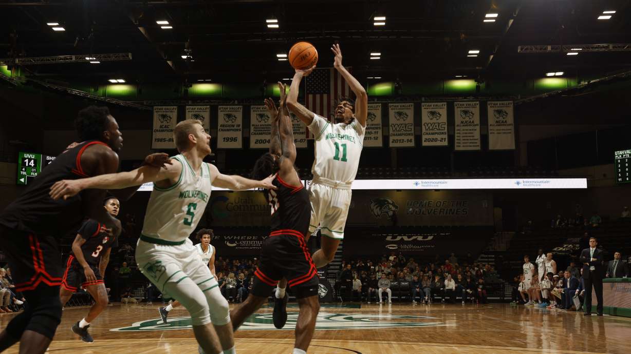 Utah Valley guard Tahj Small puts up a shot during the Wolverines' 80-64 win over Sam Houston State in the Western Athletic Conference opener for both teams, Friday, Dec. 30, 2022 in Orem, Utah.