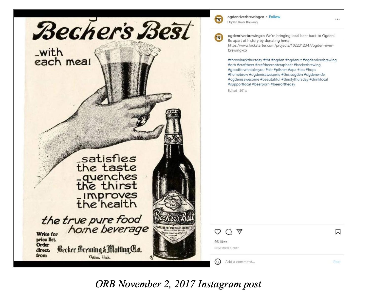 A screenshot from a lawsuit filed against Ogden River Brewing and Lotus Craft by the great-granddaughter of Ogden brewing legend John Becker.