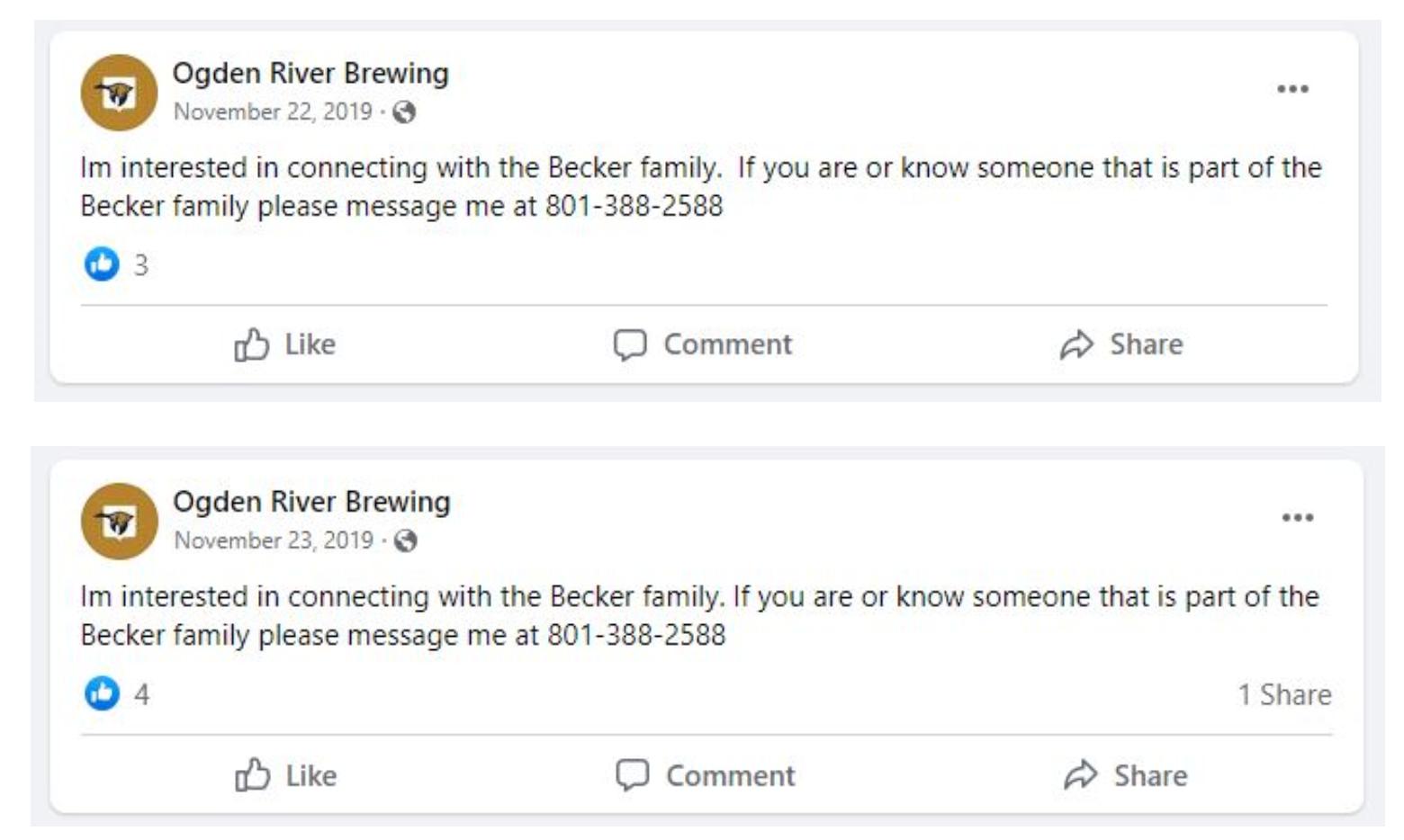 A screenshot from a lawsuit filed against Ogden River Brewing and Lotus Craft by the great-granddaughter of Ogden brewing legend John Becker.