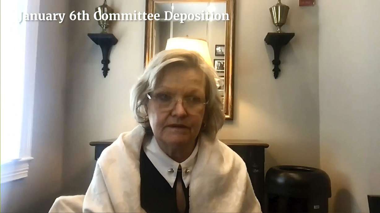In this image from video released by the House Select Committee, Cleta Mitchell, a former Trump campaign lawyer, speaks during a deposition with the House select committee investigating the Jan. 6 attack on the U.S. Capitol, that was displayed at the hearing June 21 on Capitol Hill in Washington.