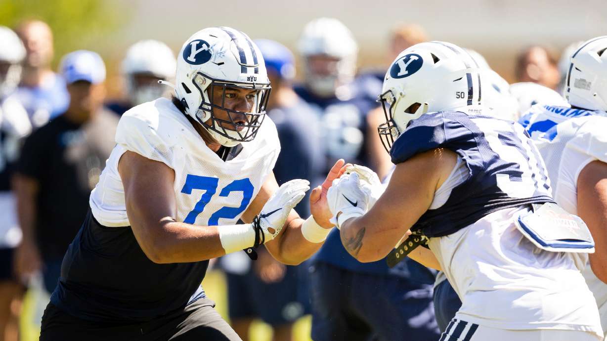 BYU offensive lineman Sione Veikoso (72) during fall camp, Aug. 16, 2022 in Provo Veikoso died unexpectedly during the holiday break, the Cougars confirmed late Friday night.
