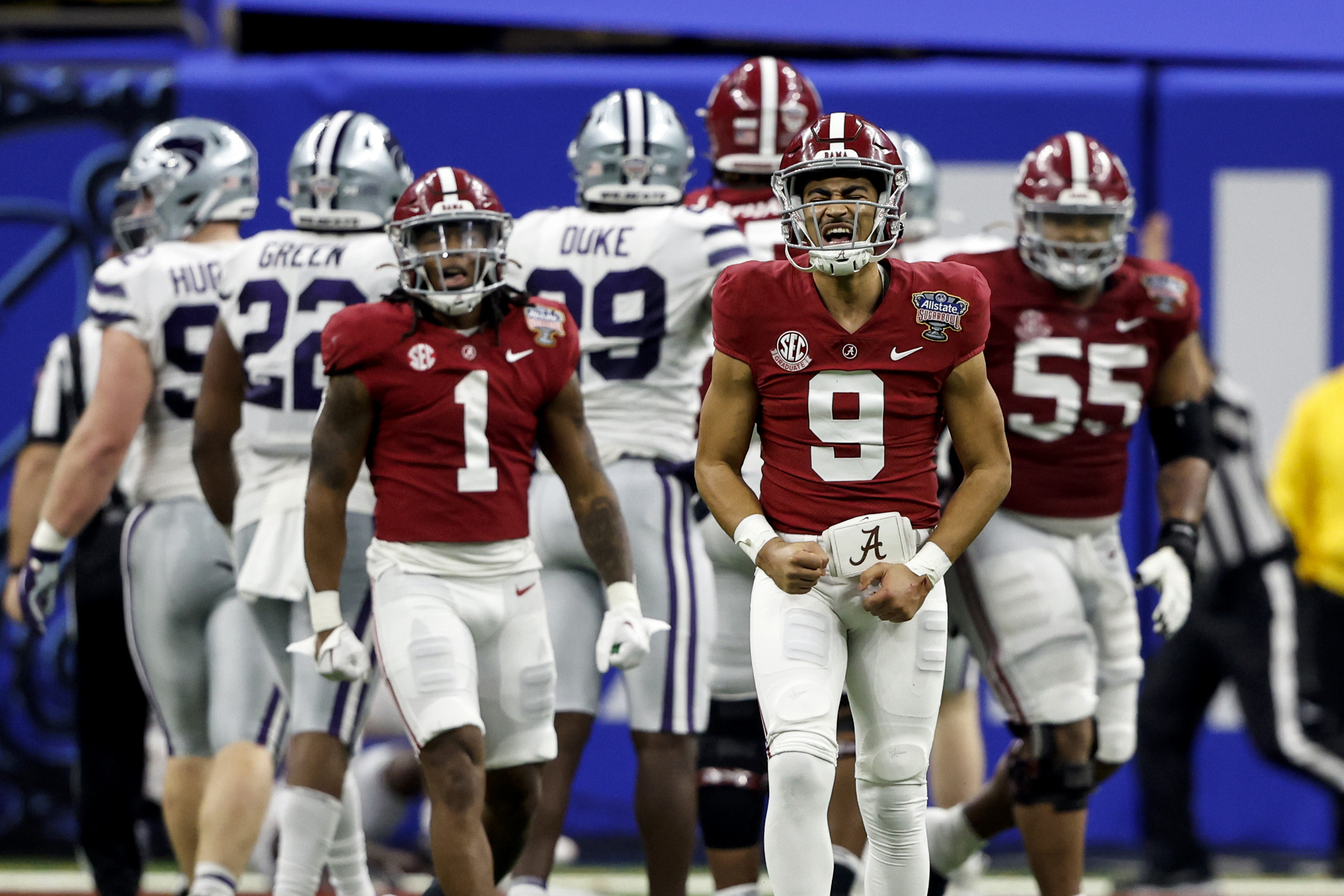 Alabama quarterback Bryce Young (9) reacts after throwing a touchdown pass during the first half of the Sugar Bowl NCAA college football game against Kansas State Saturday, Dec. 31, 2022, in New Orleans.