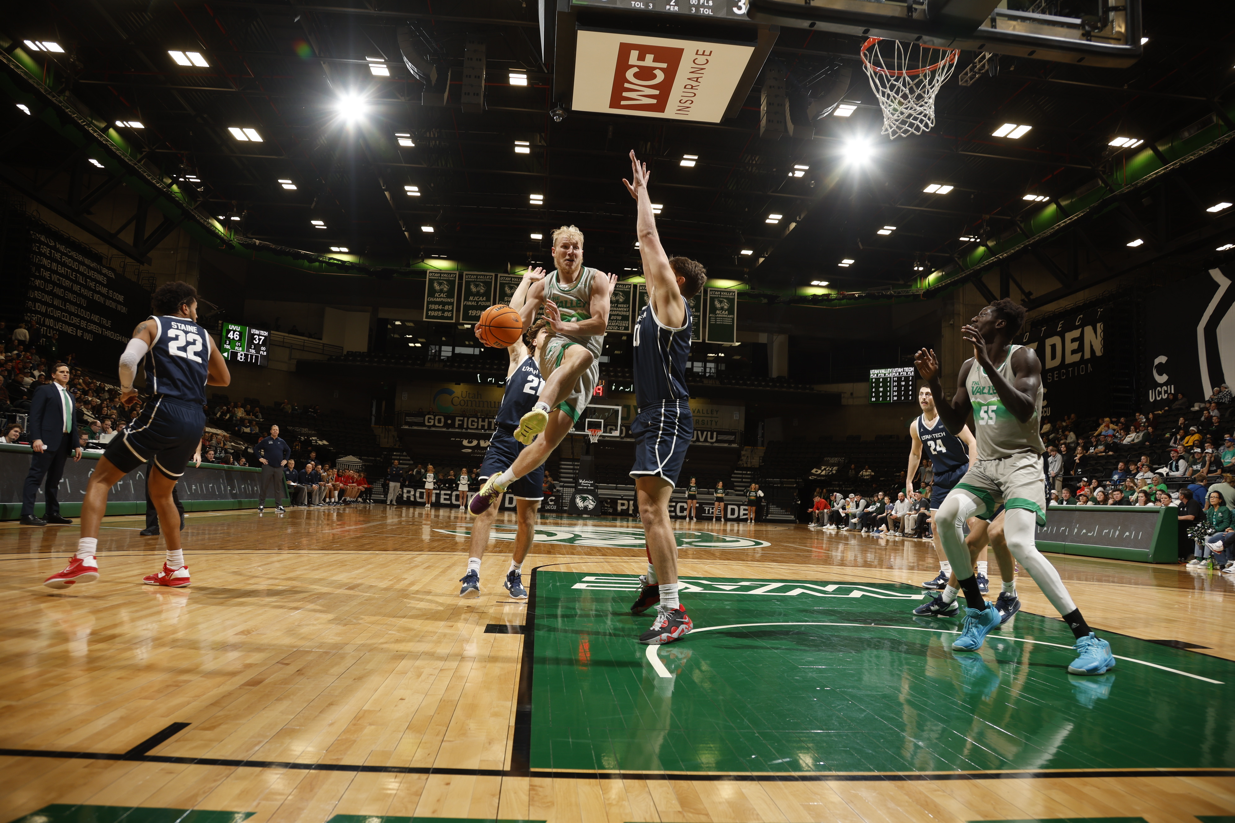 Utah Valley guard Trey Woodbury scored 20 points with six rebounds and five assists in a 71-60 win over Utah Tech, Saturday, Dec. 31, 2022 at the UCCU Center in Orem.