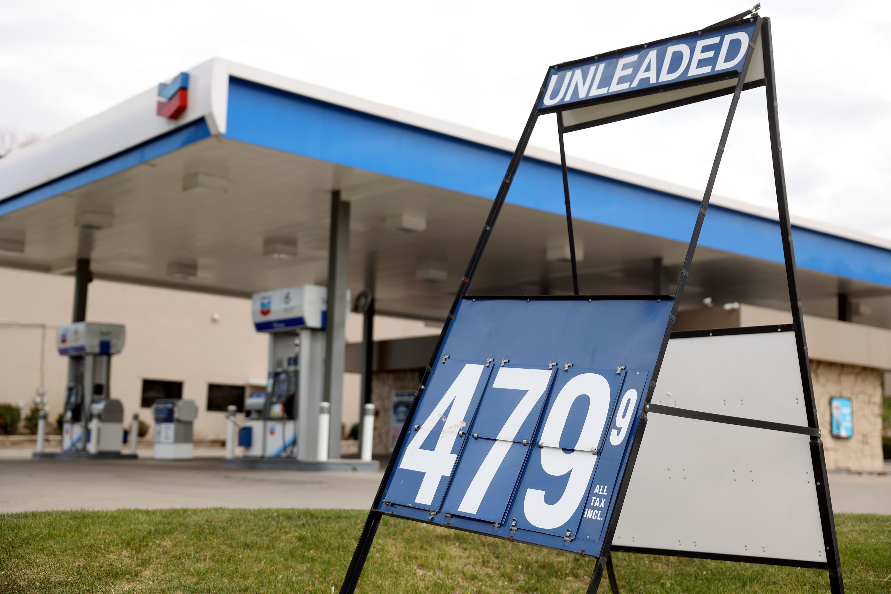 Unleaded gas is advertised as $4.79 per gallon as gas prices hit a new record high outside of a Chevron in Salt Lake City on May 10, 2022.