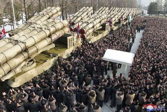 A ceremony of donating 600mm super-large multiple launch rocket system is held at a garden of the Workers’ Party of Korea headquarters in Pyongyang, North Korea Saturday. The content of this image is as provided and cannot be independently verified. Korean language watermark on image as provided by source reads: "KCNA" which is the abbreviation for Korean Central News Agency.