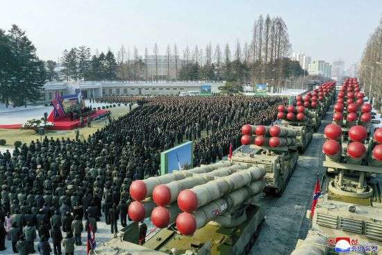 Aceremony of donating 600mm super-large multiple launch rocket system is held at a garden of the Workers’ Party of Korea headquarters in Pyongyang, North Korea Saturday. The content of this image is as provided and cannot be independently verified. Korean language watermark on image as provided by source reads: "KCNA" which is the abbreviation for Korean Central News Agency.