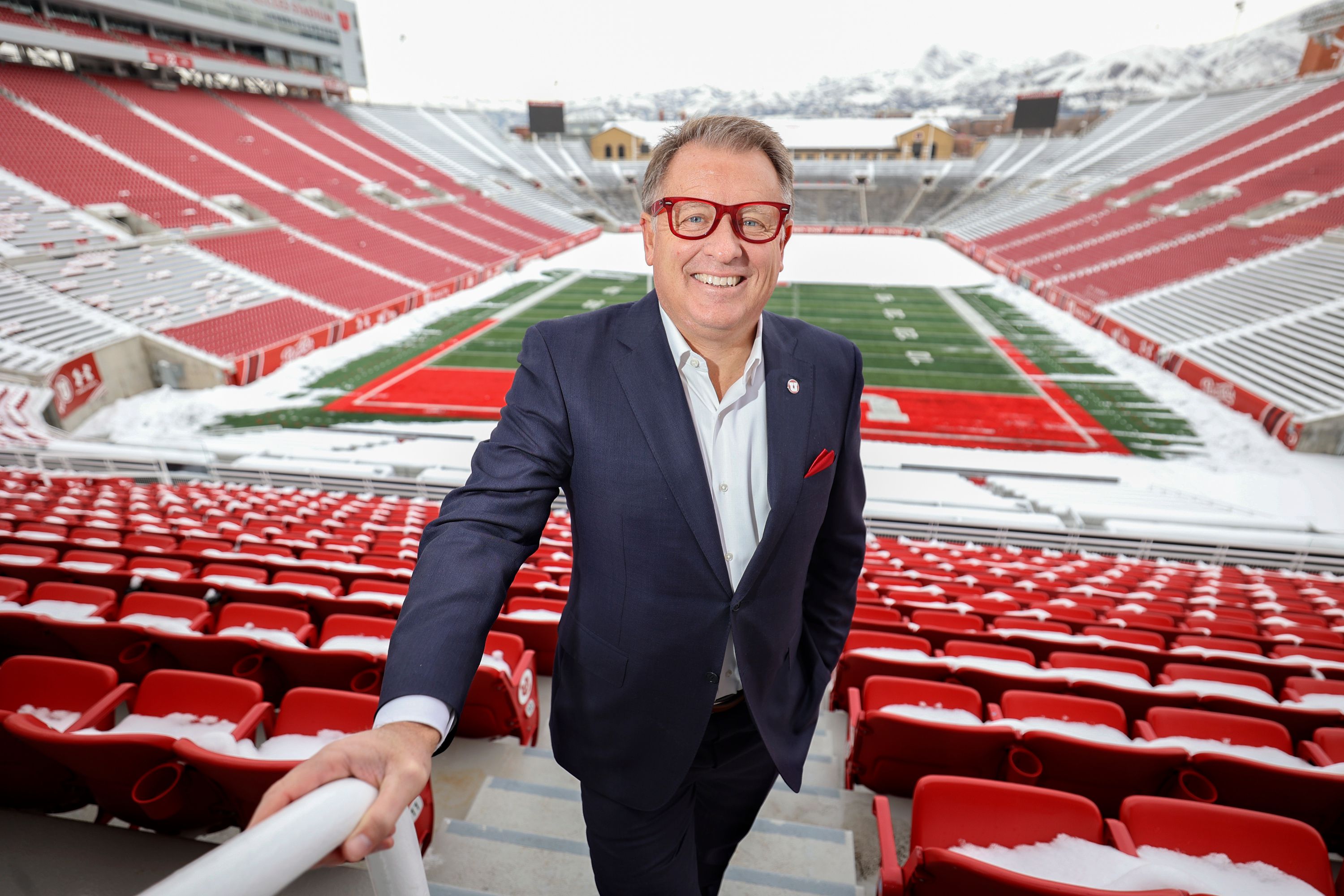 University of Utah president Taylor Randall poses for a portrait at the Rice-Eccles Stadium in Salt Lake City on Dec. 20, 2022.