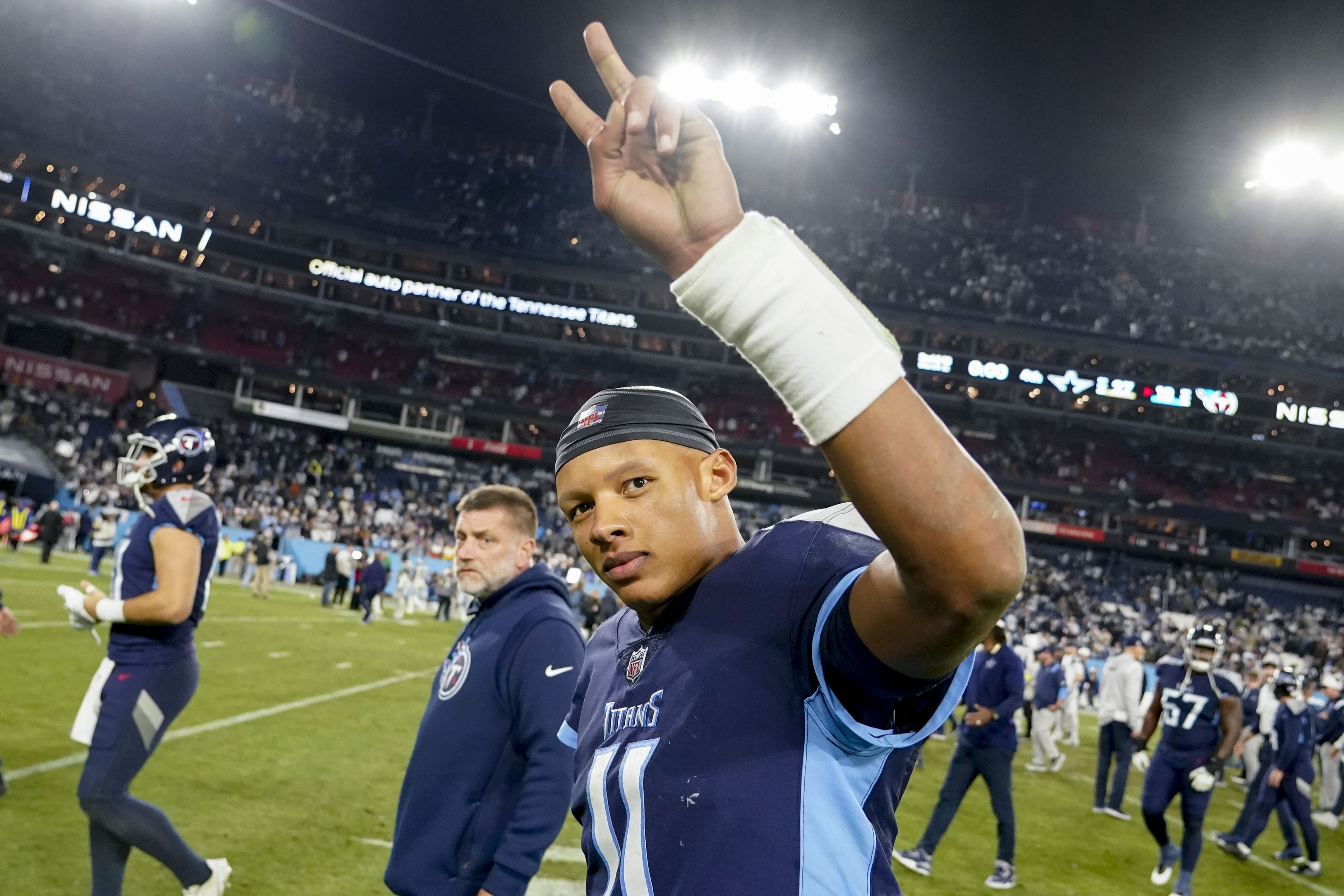 Tennessee Titans quarterback Joshua Dobbs (11) leaves the field after an NFL football game between the Tennessee Titans and the Dallas Cowboys, Thursday, Dec. 29, 2022, in Nashville, Tenn. The Dallas Cowboys won 27-13.