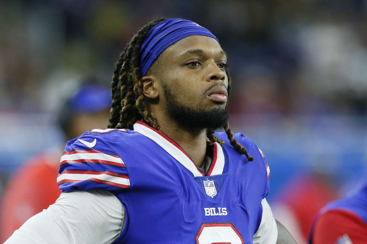 Buffalo Bills safety Damar Hamlin looks on during an NFL football game against the Cleveland Browns, Nov. 20, 2022, in Detroit. Hamlin collapsed on the field during a game against the Cincinnati Bengals, Monday.