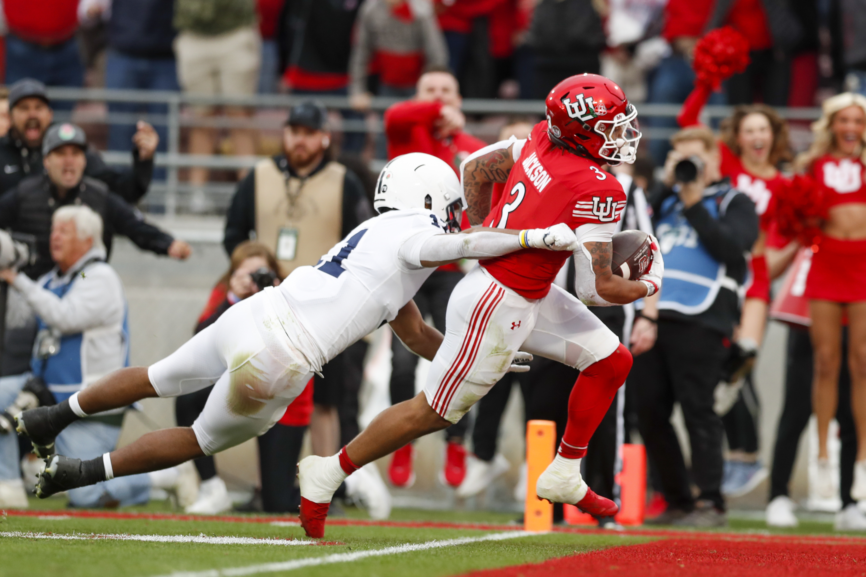 The Utah Utes' Ja'Quinden Jackson (3) scores a touchdown while playing the Penn State Nittany Lions in the 109th Rose Bowl in Pasadena on Monday, Jan. 2, 2023.