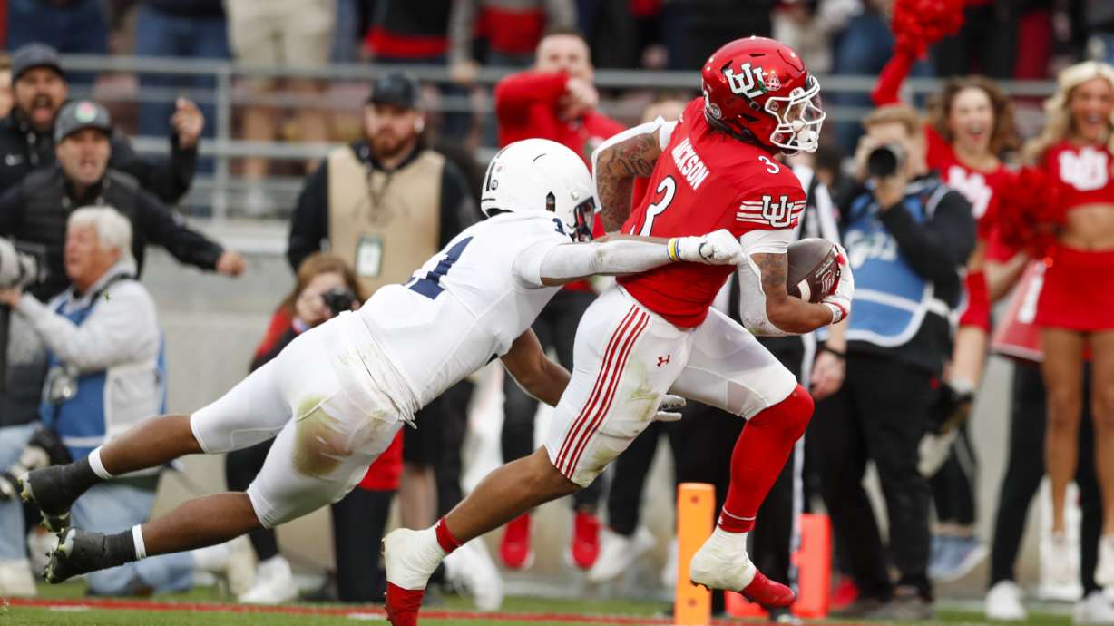 The Utah Utes' Ja'Quinden Jackson (3) scores a touchdown while playing the Penn State Nittany Lions in the 109th Rose Bowl in Pasadena on Monday, Jan. 2, 2023.