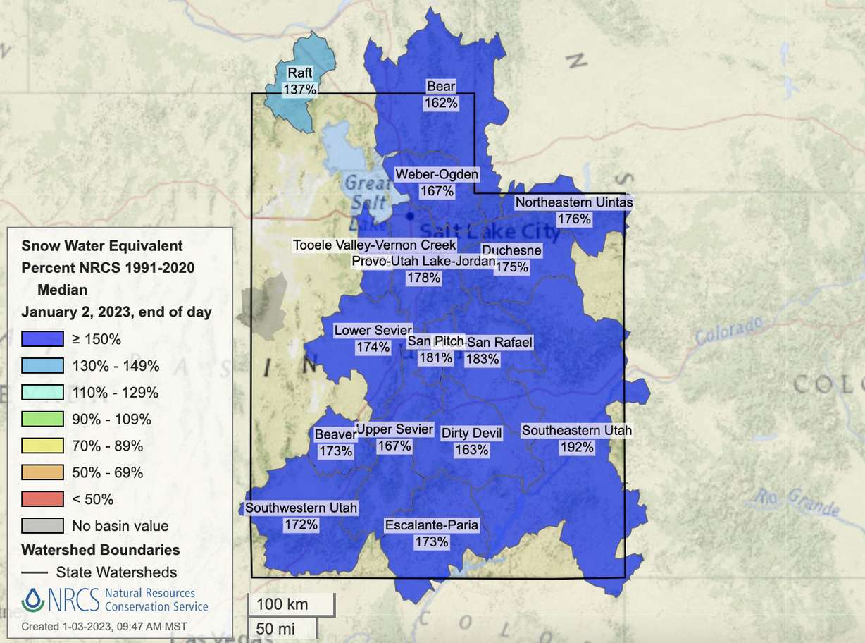 This map shows Utah's snowpack basins percent of normal by the end of Monday. All of the basins in the state are listed well above normal for early January.