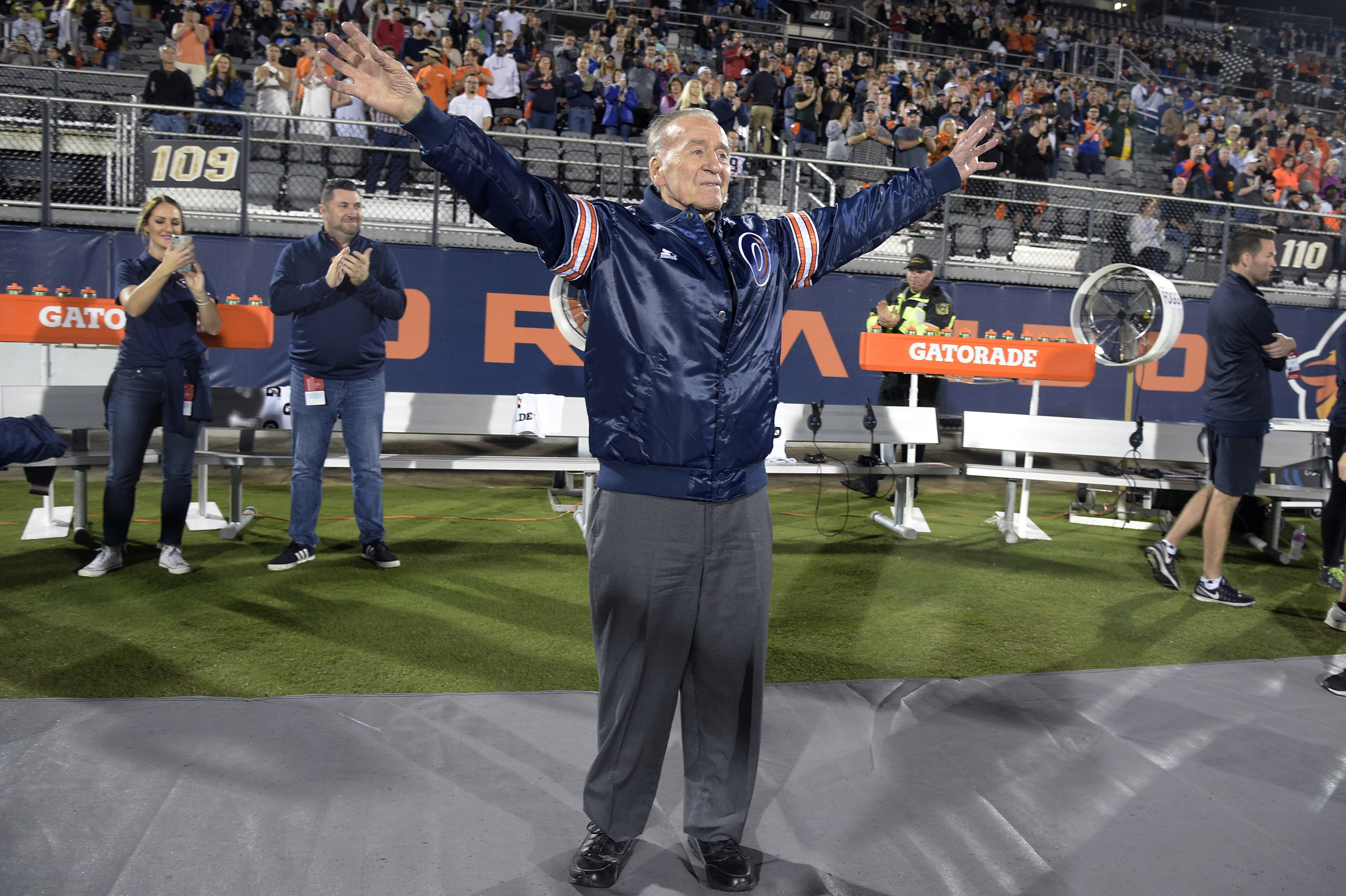 Apollo 7 astronaut Walter Cunningham acknowledges the crowd before an Alliance of American Football game between the Orlando Apollos and the Atlanta Legend, Feb. 9, 2019, in Orlando, Fla. Cunningham, the last surviving astronaut from the first successful crewed space mission in NASA's Apollo program, has died. He was 90. 
