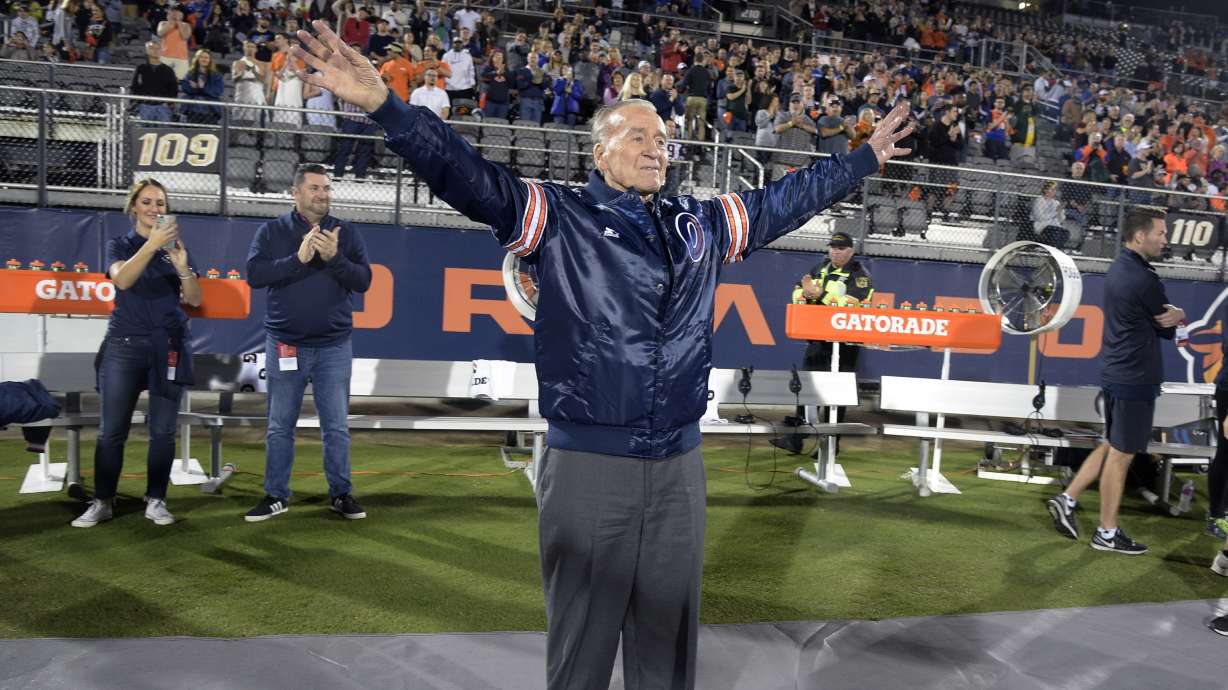 Apollo 7 astronaut Walter Cunningham acknowledges the crowd before an Alliance of American Football game between the Orlando Apollos and the Atlanta Legend, Feb. 9, 2019, in Orlando, Fla. Cunningham, the last surviving astronaut from the first successful crewed space mission in NASA's Apollo program, has died. He was 90.