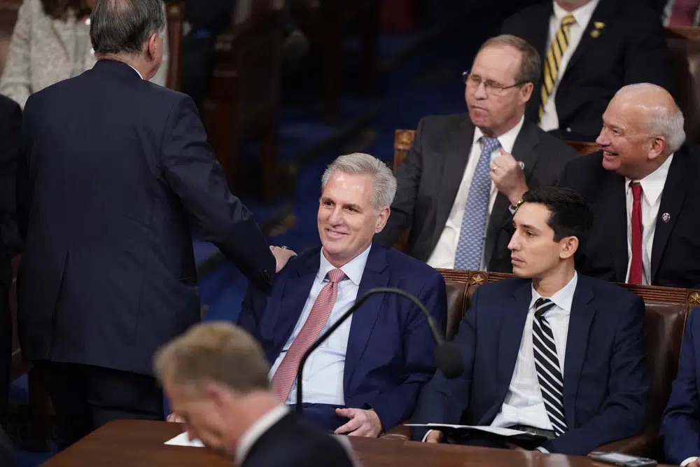 Rep. Kevin McCarthy, R-Calif., listens during the second round of votes for Speaker of the House on the opening day of the 118th Congress at the U.S. Capitol, Tuesday in Washington.