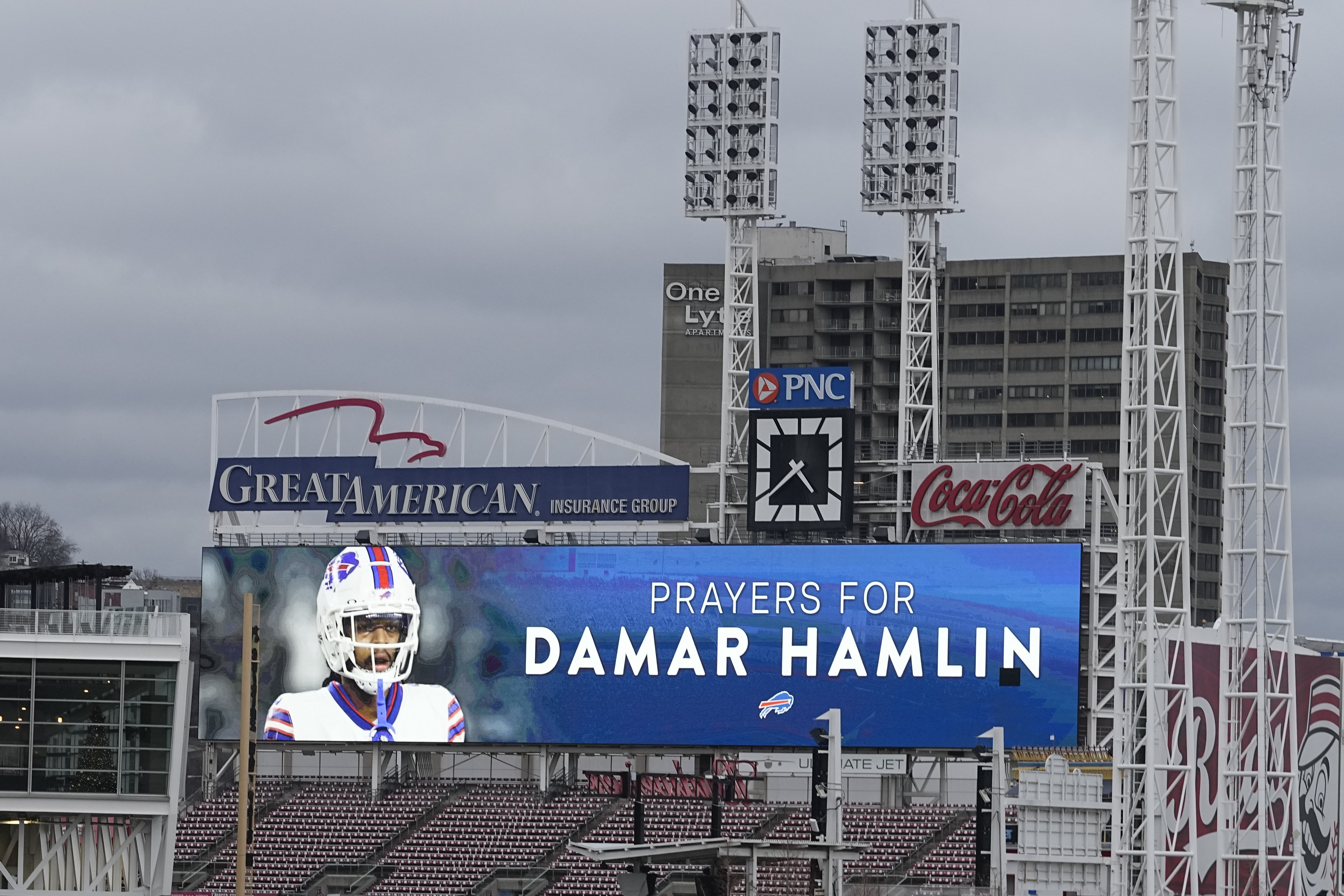 A scoreboard at Great American Ballpark displays a photo of Buffalo Bills' Damar Hamlin, Tuesday, in Cincinnati. Hamlin was taken to the University of Cincinnati Medical Center after collapsing on the field during an NFL football game on Monday night.