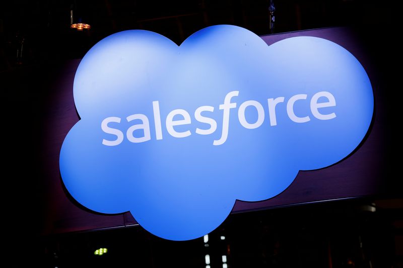 A logo of Salesforce is seen at its exhibition space, at the Viva Technology conference dedicated to innovation and startups at the Porte de Versailles exhibition center in Paris on June 16, 2022.