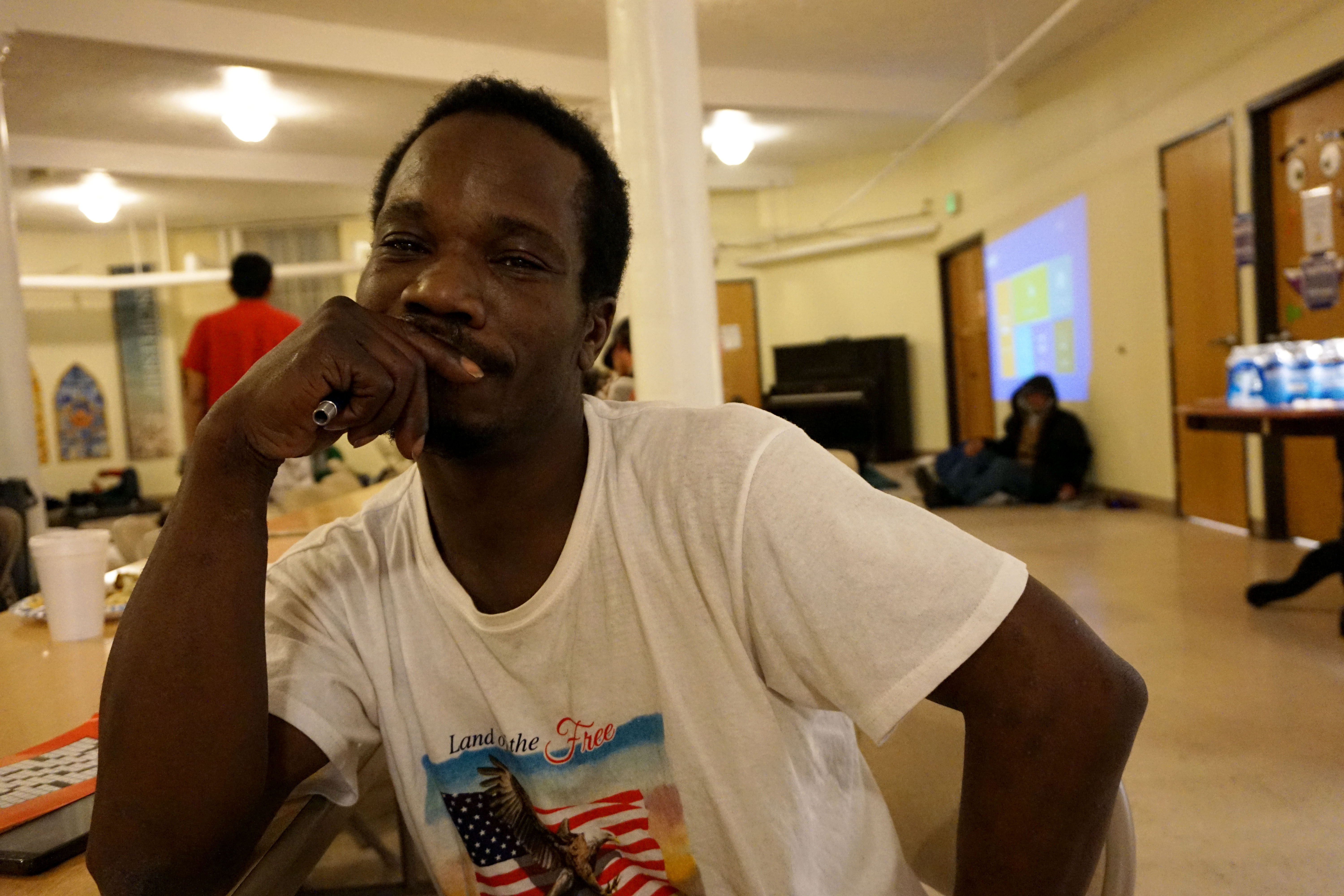 Teff Moses, 42, at the First United Methodist Church of Salt Lake City on Tuesday. Moses was among 85 people to access the church amid freezing temperatures.