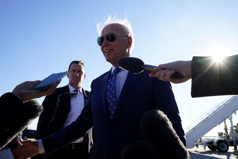 President Joe Biden speaks to members of the media, following an event touting economic and infrastructure spending plans, as he departs, at the Cincinnati/Northern Kentucky International Airport, in Hebron, Kentucky, on Wednesday.