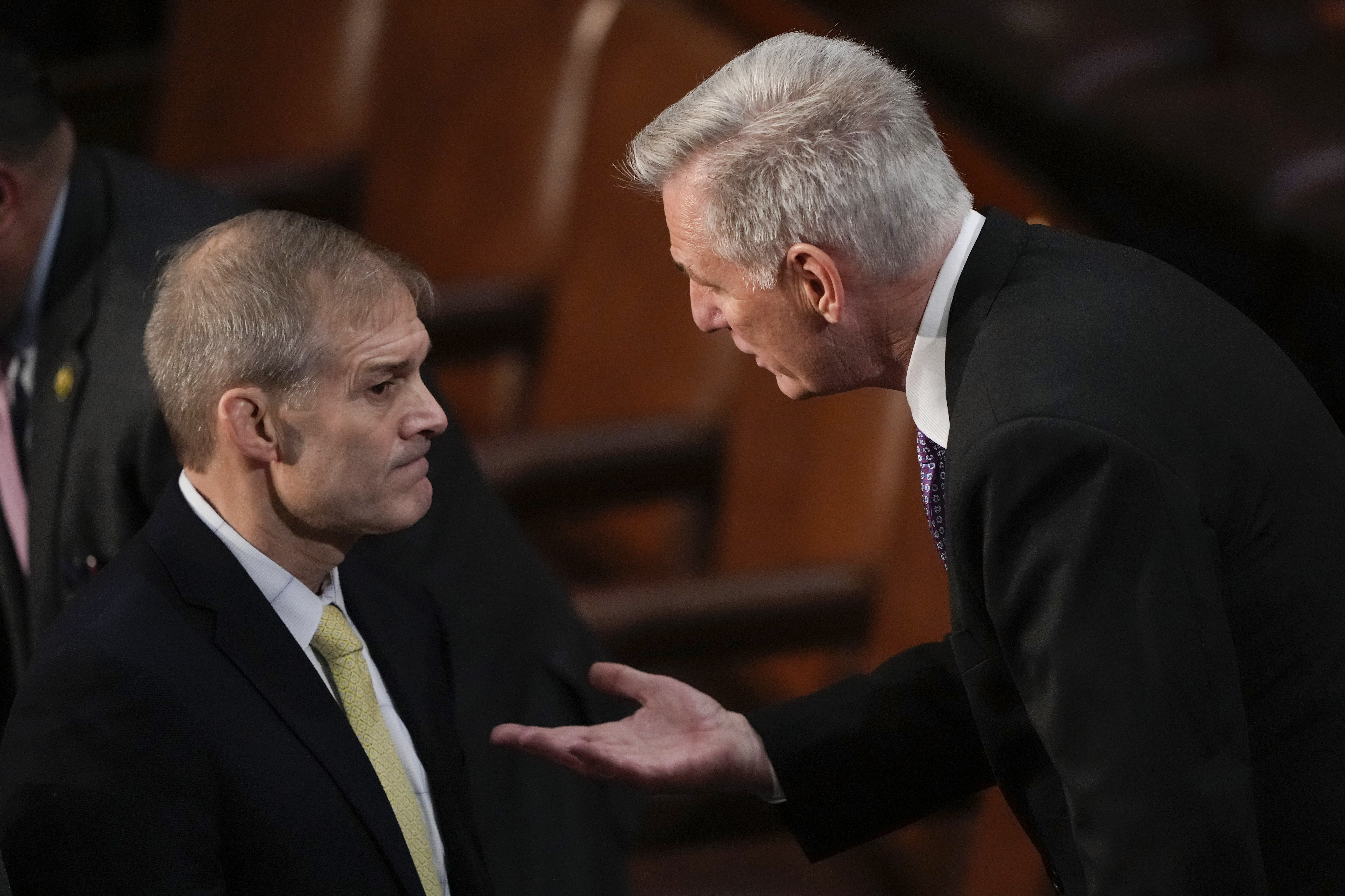 Rep. Jim Jordan, R-Ohio, talks with Rep. Kevin McCarthy, R-Calif., in the House chamber Wednesday.