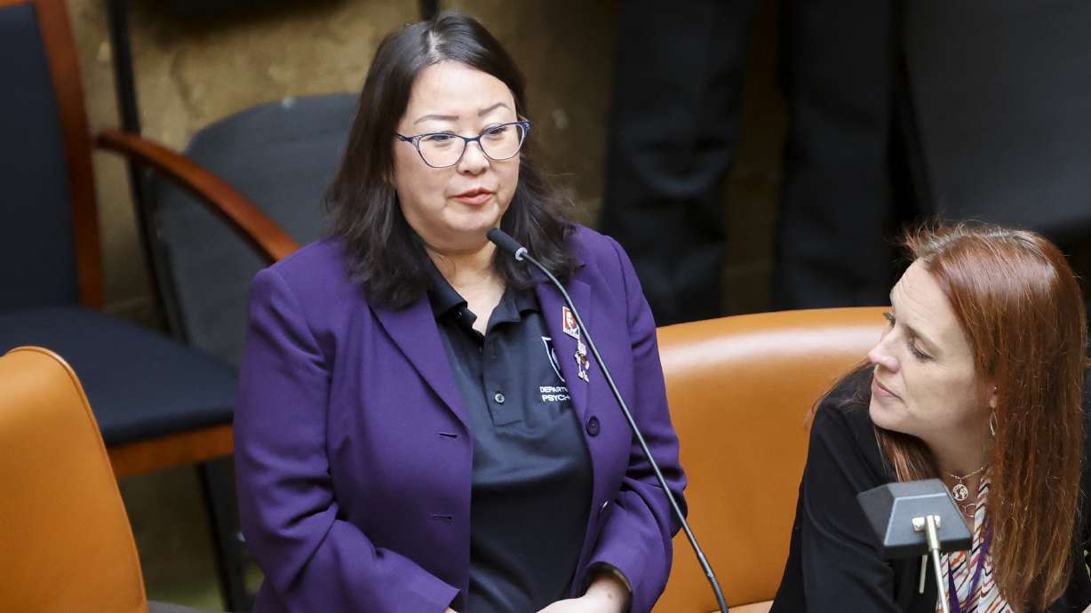 Rep. Karen Kwan, D-Murray, speaks at the Capitol in Salt Lake City on March 3, 2022. Kwan said she plans to run to fill the seat vacated by Sen. Karen Mayne, who is retiring this month.