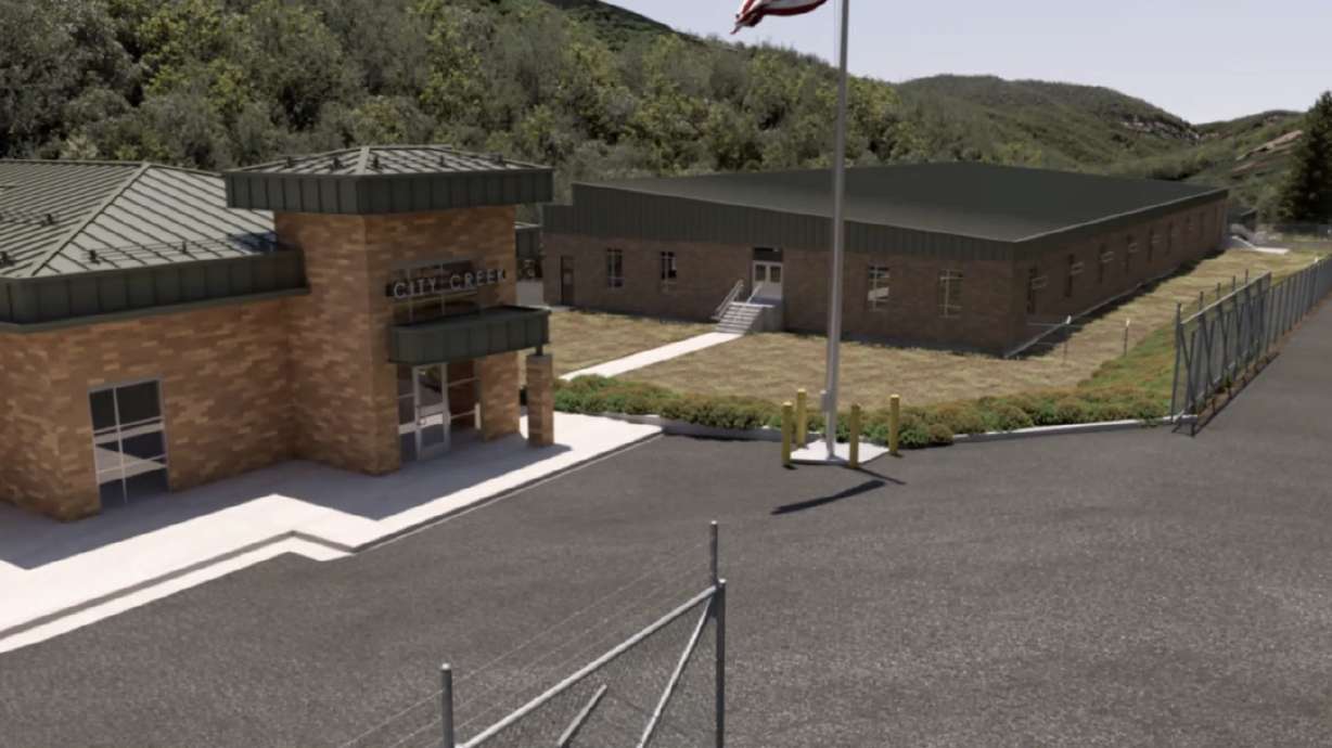 An artist rendering of the City Creek Water Treatment Plant operations building and a new facility that is planned to be built next to it. The project, slated to be completed in 2025, will result in periodic City Creek Canyon road closures over the next three years.