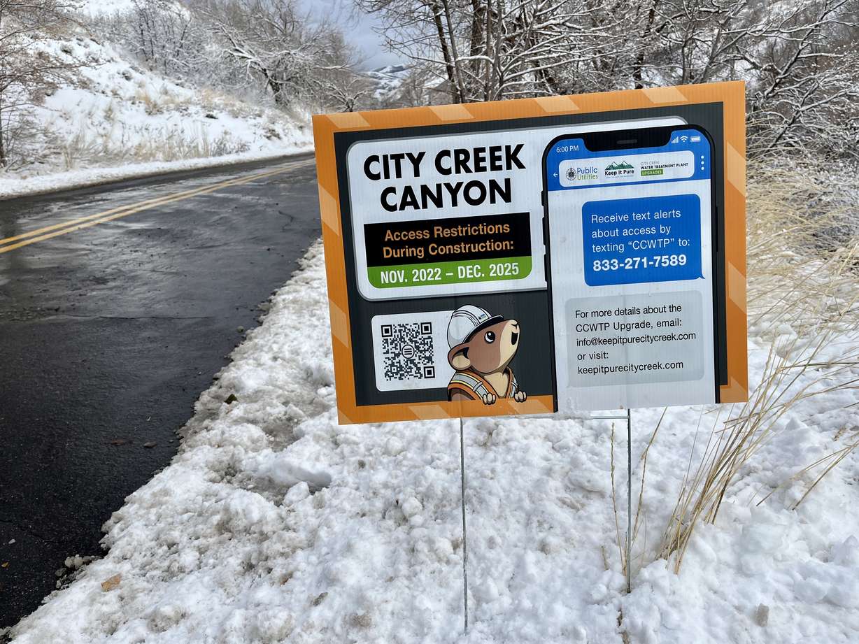 A sign posted along Bonneville Boulevard informs people of upcoming City Creek Canyon project impacts on Dec. 2, 2022.
