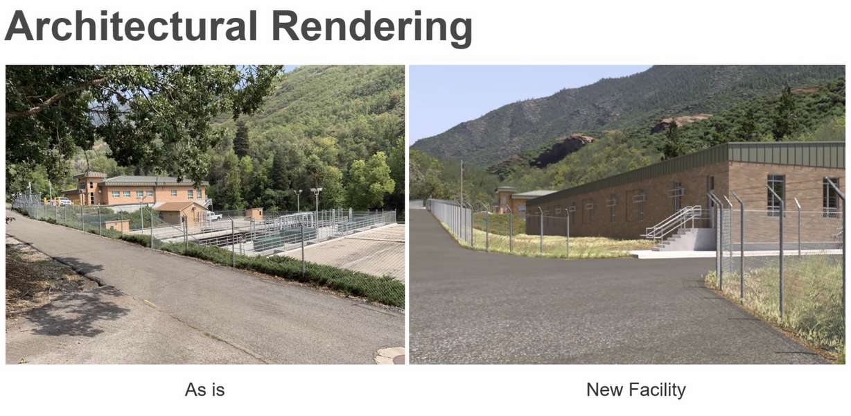 A photo of the current
City Creek Water Treatment Plant (left) next to a rendering of the upgraded facility (right). The project to upgrade the water treatment plant is expected to impact some City Creek Canyon recreation for the next three years.